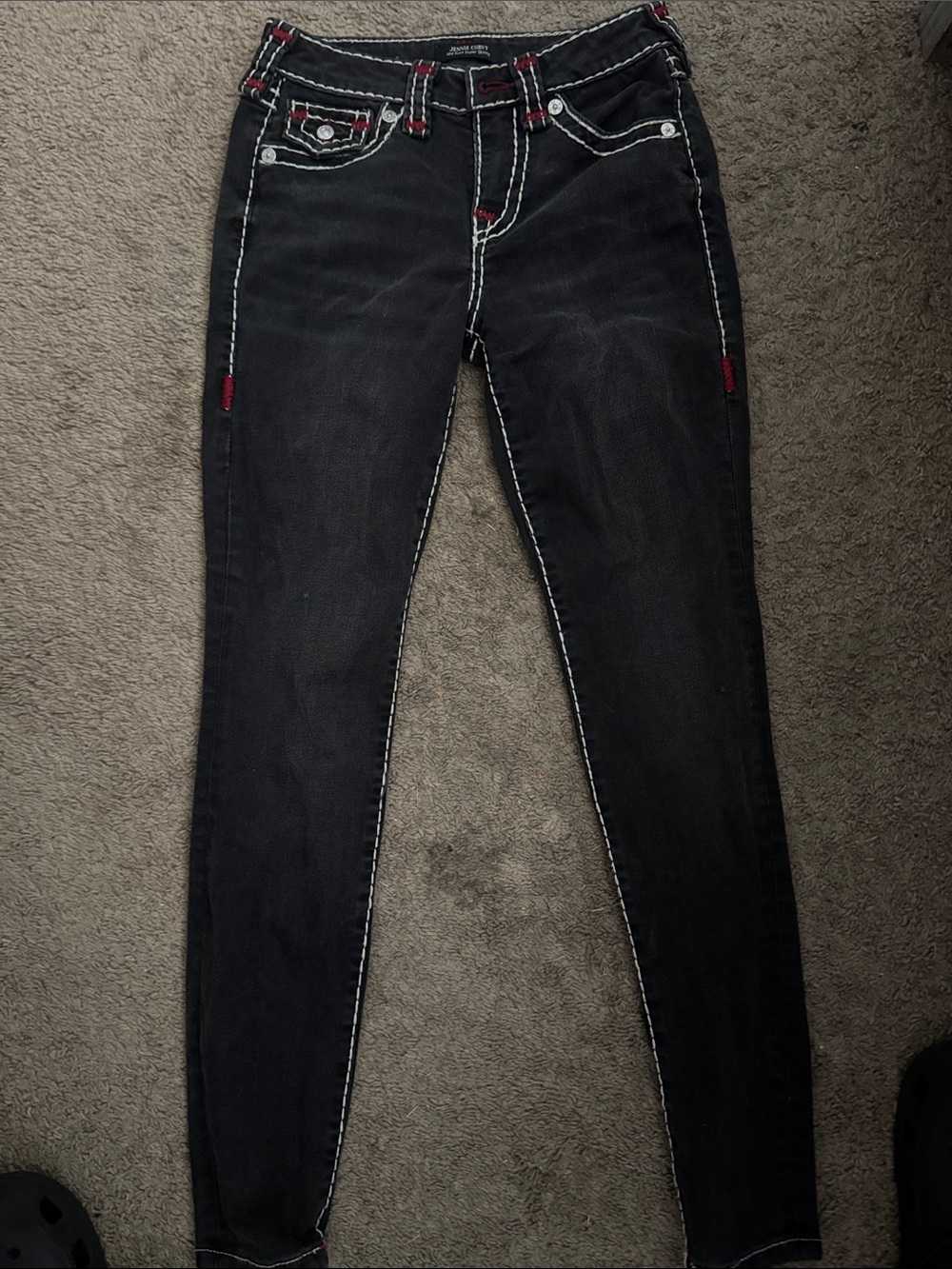 True Religion Black Skinny Jeans with White Contrast Stitching and Red Accents